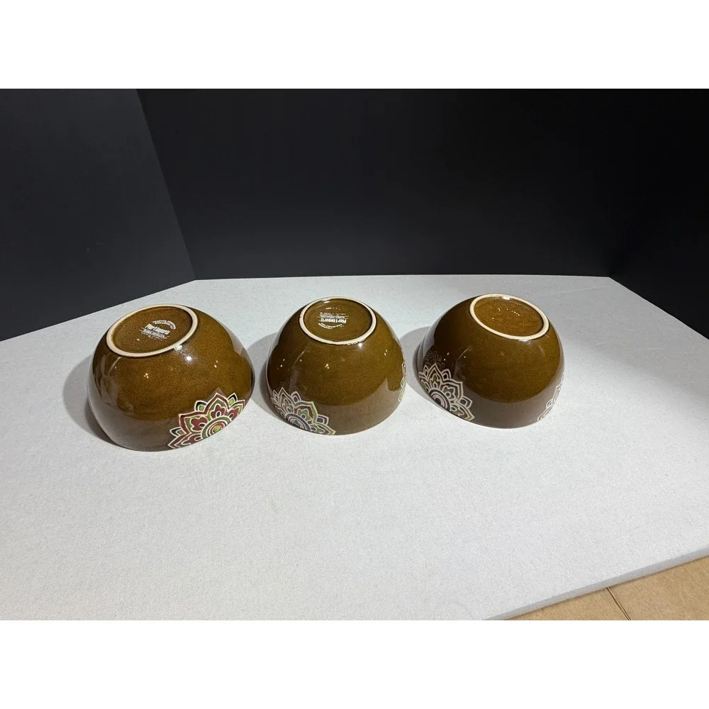 Pier 1 Imports Global Medallion Reactive Stoneware Cereal Bowls Set of 3 Green